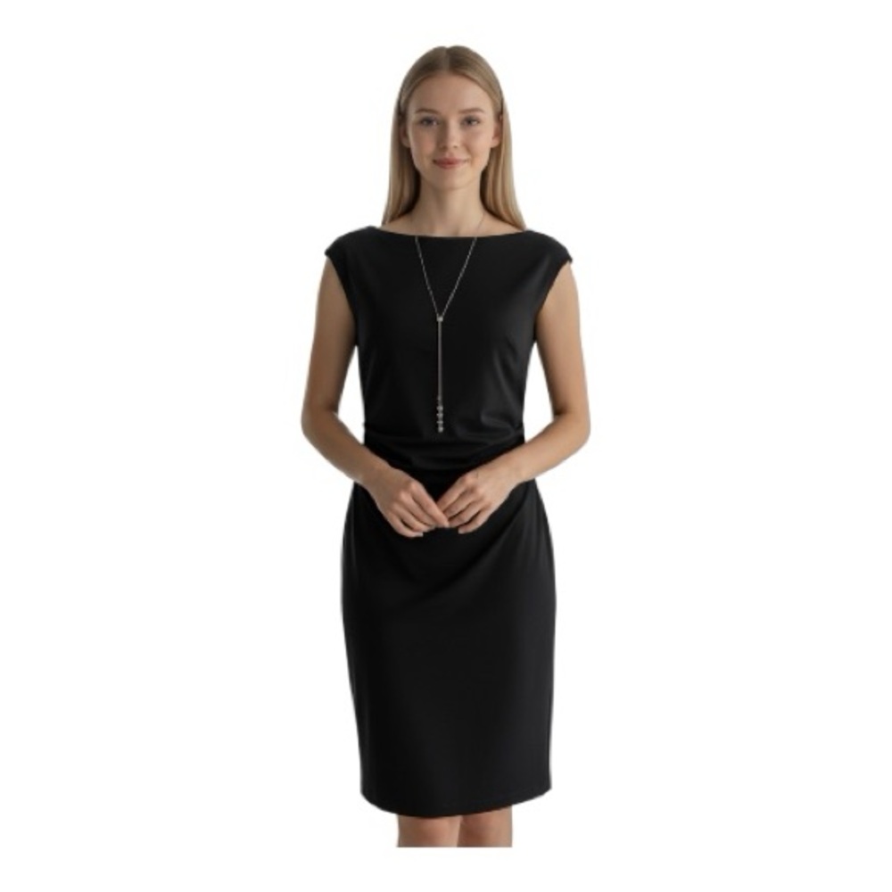 David Meister Black Ruched Sheath Midi Dress